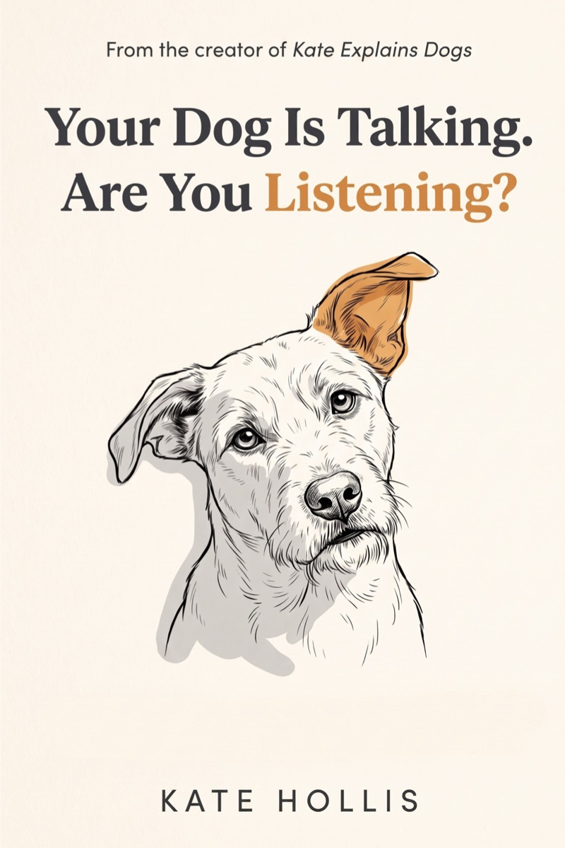 Cover of Your Dog Is Talking. Are You Listening? A drawing of a dog tilting its head, one ear orange.