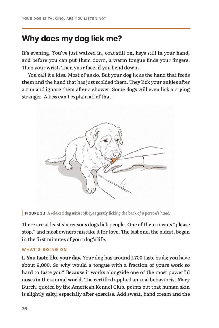 Book page: Why does my dog lick me? with a drawing of a dog licking a hand.